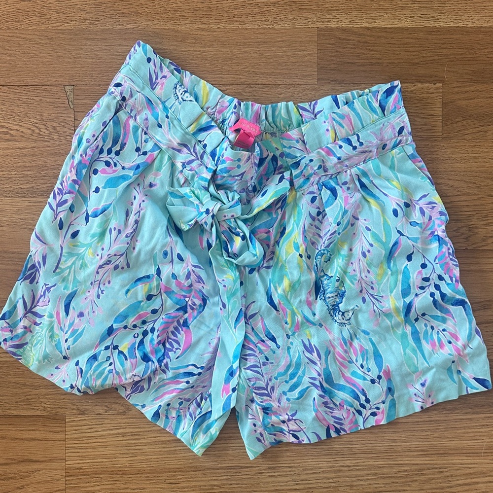 Lilly Pulitzer Aqua Floral Tie-Waist High-Rise Shorts size 6